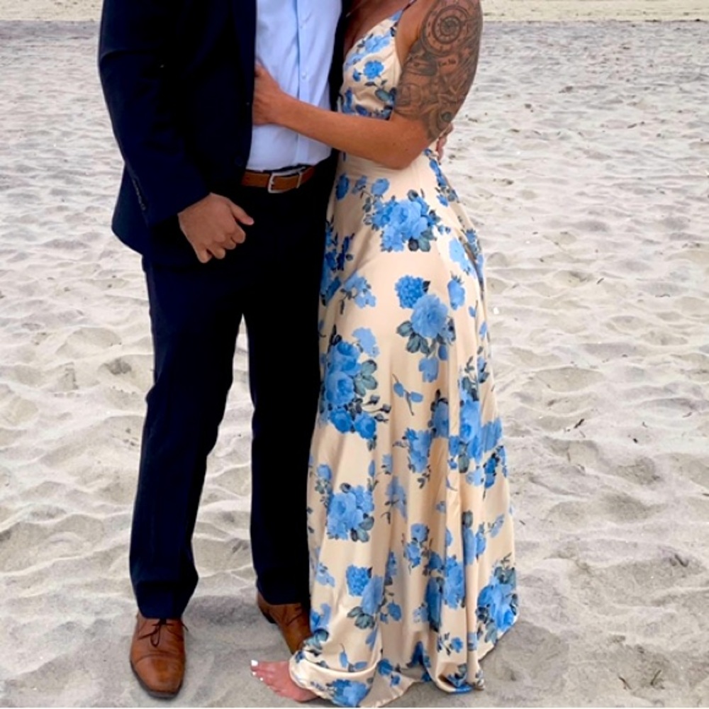 Cream and blue satin wedding dress